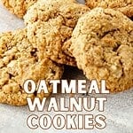 Pile of walnut oat cookies with white and purple text overlay.