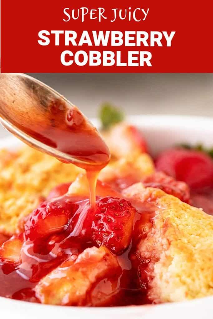 Red white text overlay on image of spoon with berry syrup over cobbler in white bowl.