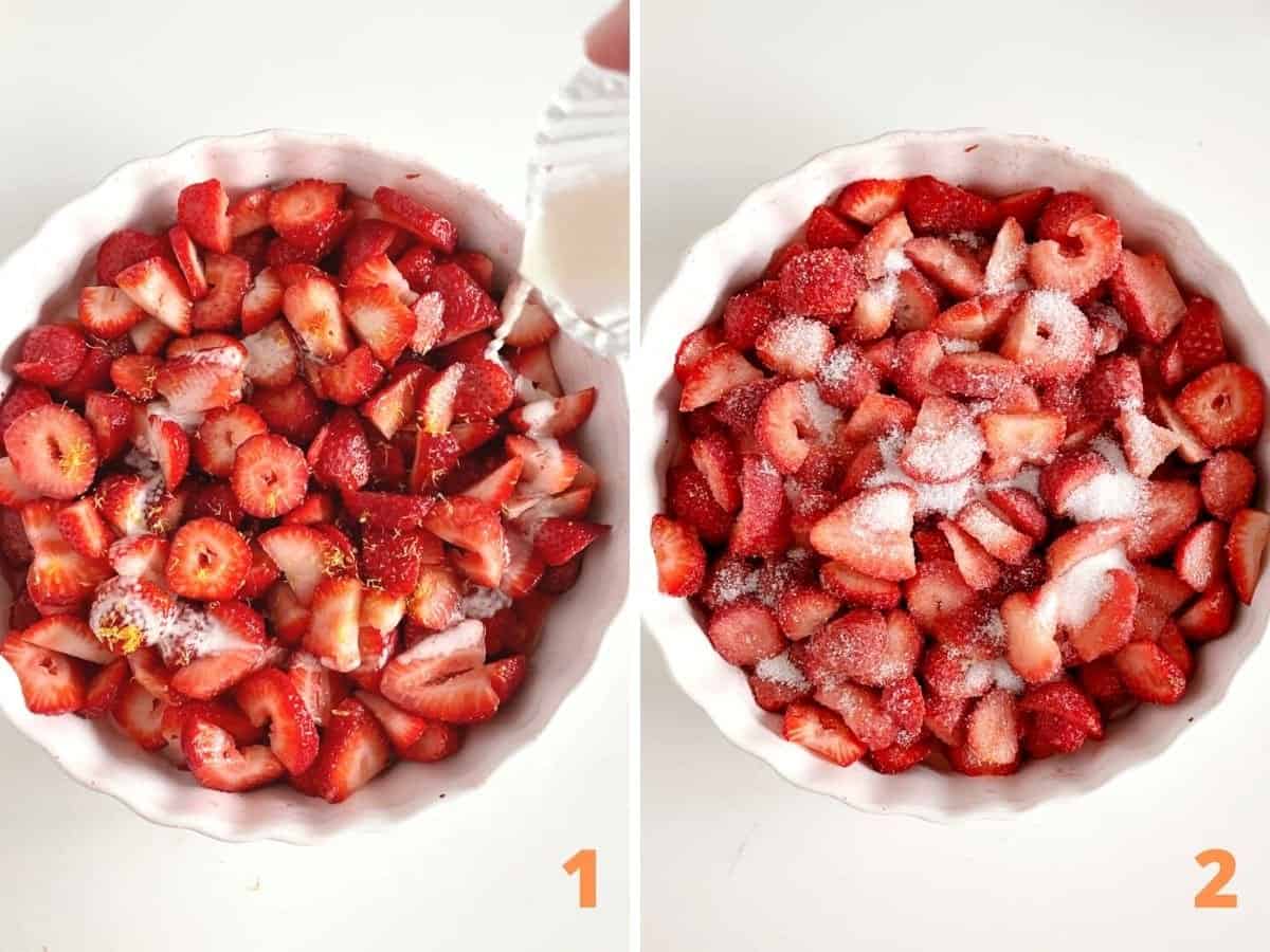 Top view of images of round white dish with chopped strawberries on white surface.