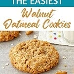 Teal and brown text overlay on walnut oatmeal cookies stack.