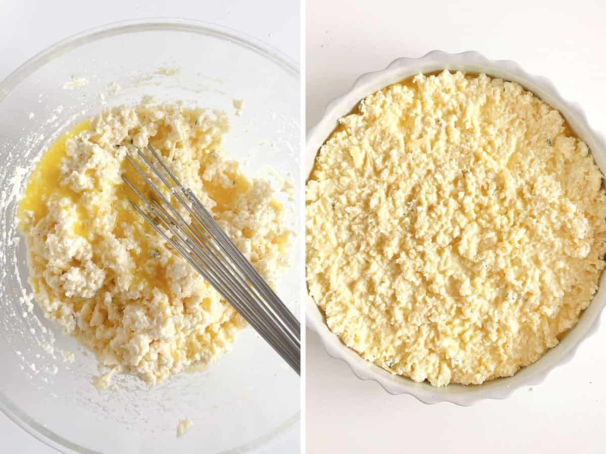 Two image collage showing glass bowl with ricotta being mixed with eggs and pie dish with finished mixture on white surface.