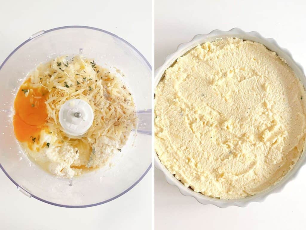 Top views of ricotta and eggs in food processor, and pie dish with ricotta mixture; white surfaces.