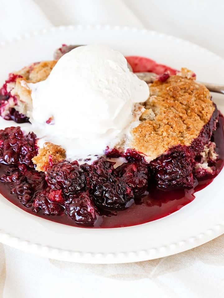Close up of blackberry serving with ice cream on white plate with white background.