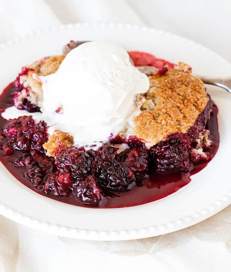 Close up of blackberry serving with ice cream on white plate with white background.