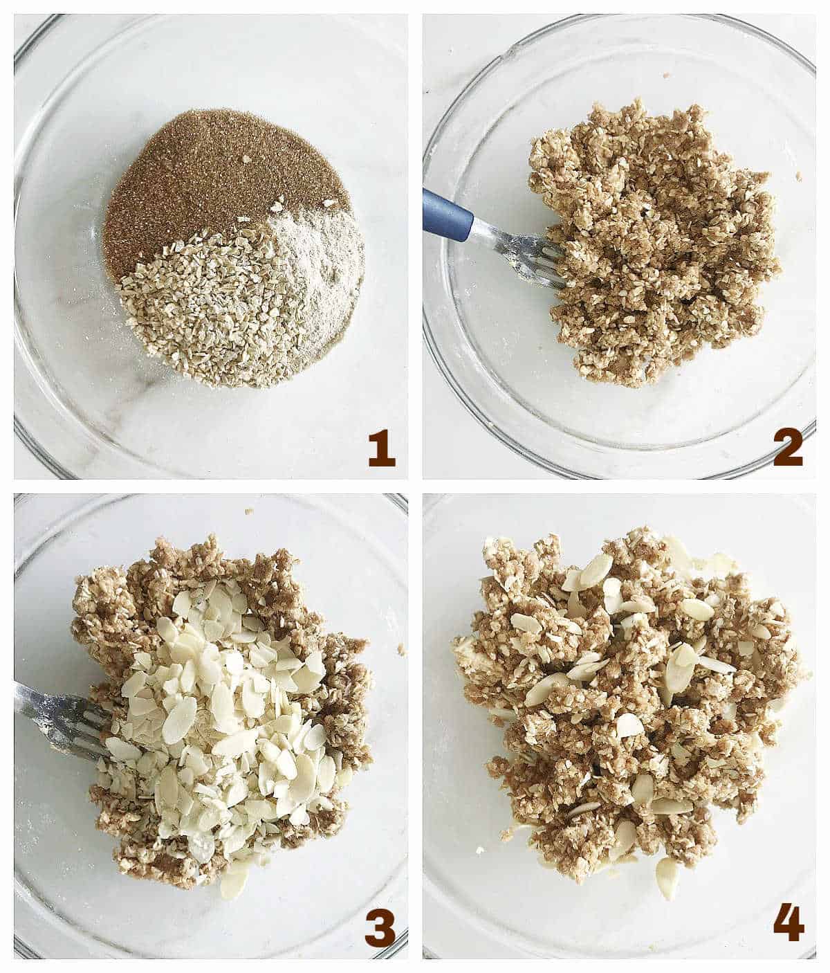 Four image collage showing process for making crumble with oats and brown sugar and sliced almonds.