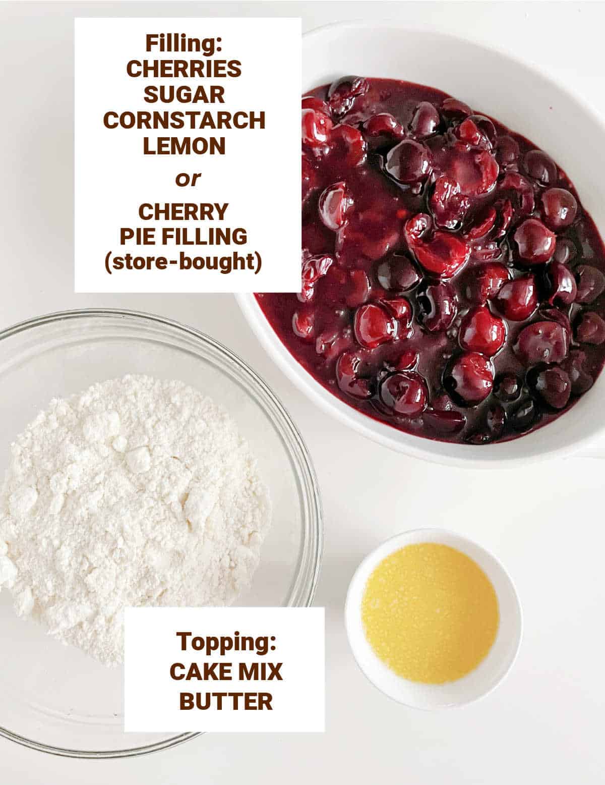 White surface with bowls containing ingredients for cherry dump cake including pie filling, butter, cake mix. Brown text overlay.
