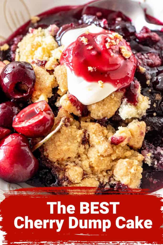 A serving of cherry dump cake with cream; dark red and white text overlay.