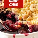 Brown white text overlay on close up image of cherry cobbler in white dish with spoon.