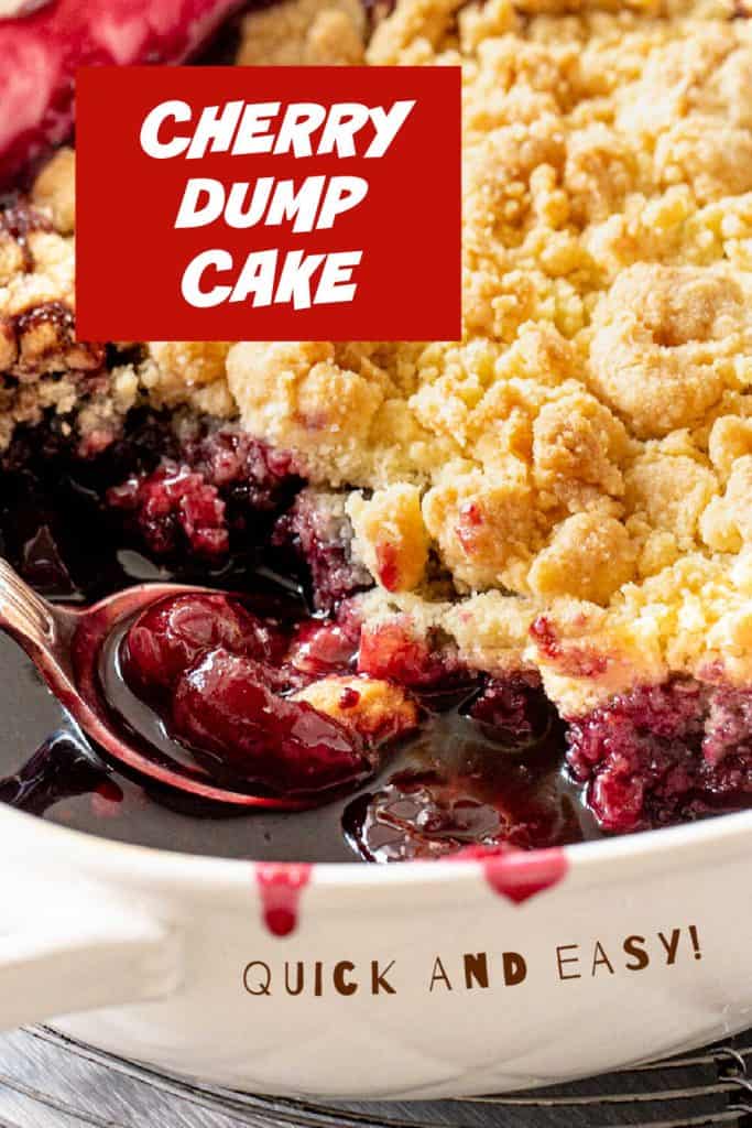 Brown white text overlay on close up image of cherry cobbler in white dish with spoon.