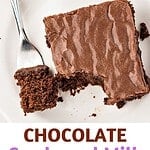 Purple and brown text overlay on two images of iced chocolate cake.