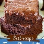 Stack of chocolate cake squares dripping chocolate glaze; white and blue text overlay.