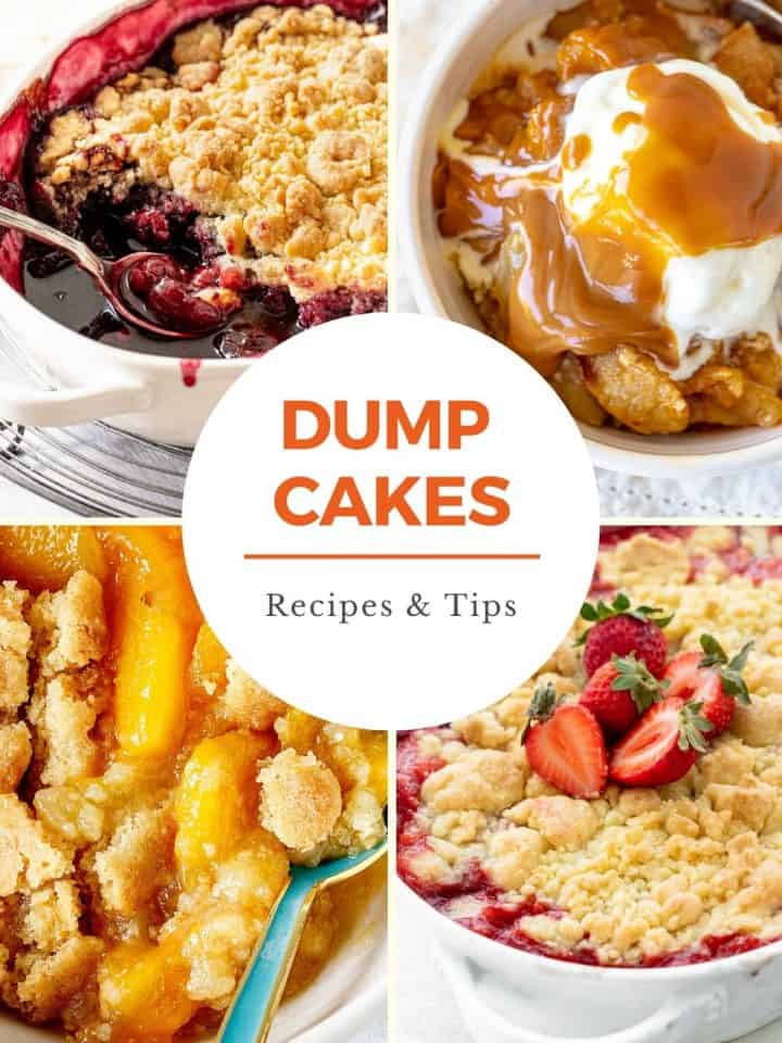 Cover image collage with four dump cakes and central circle with orange text.