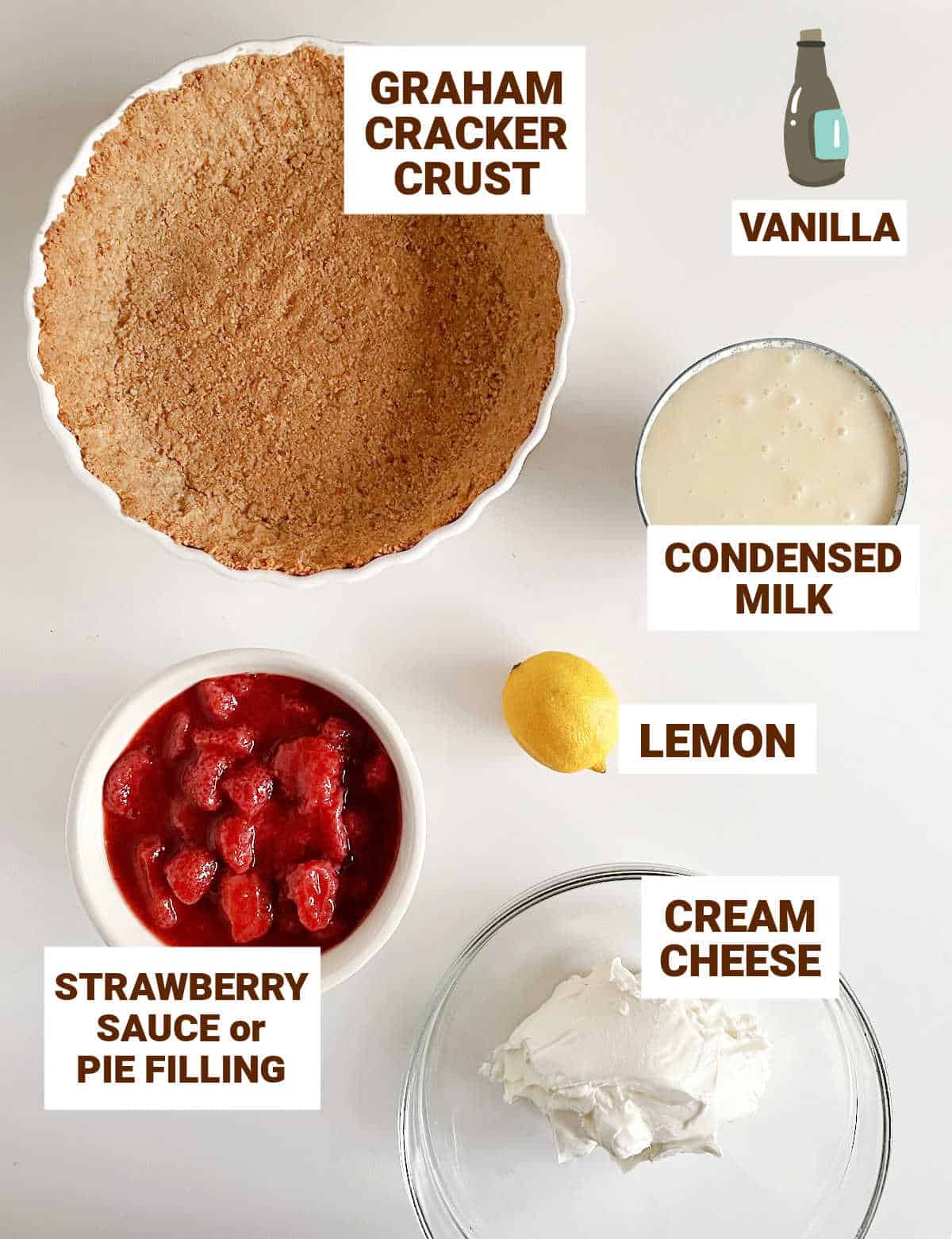 White surface with text overlay and bowls containing ingredients for strawberry pie including graham crust, lemon, cream cheese, condensed milk, vanilla.