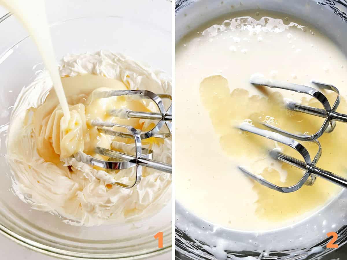 Collage showing glass bowl with cream cheese and condensed milk, and after adding lemon juice.