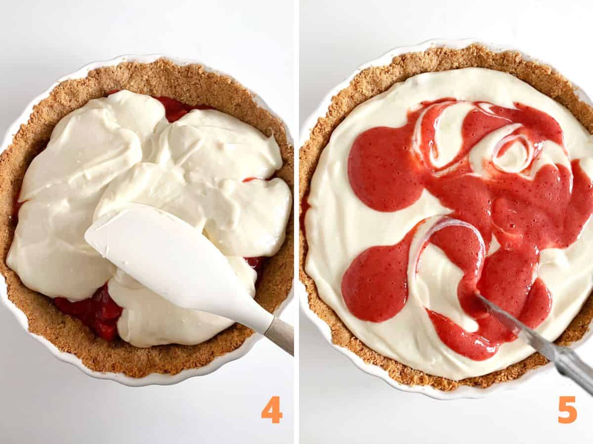 Spreading cream cheese filling on crumb crust on white surface, and swirling strawberry puree in same pie. A collage.