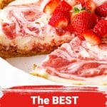 Red white text overlay on strawberry pie in white dish, a slice missing.