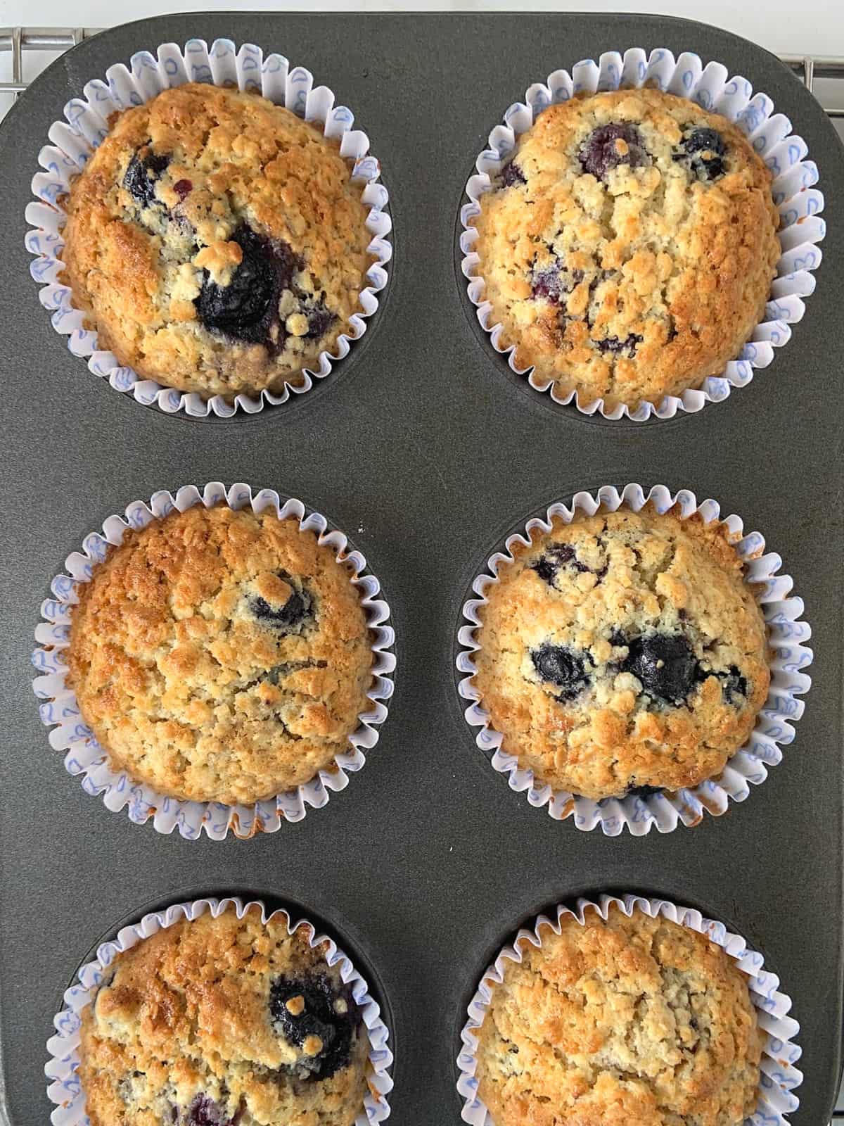 Six baked blueberry muffins in paper liners. Dark metal pan.