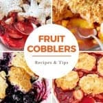 Four image collage of fruit cobblers. A white circle with orange text overlay.