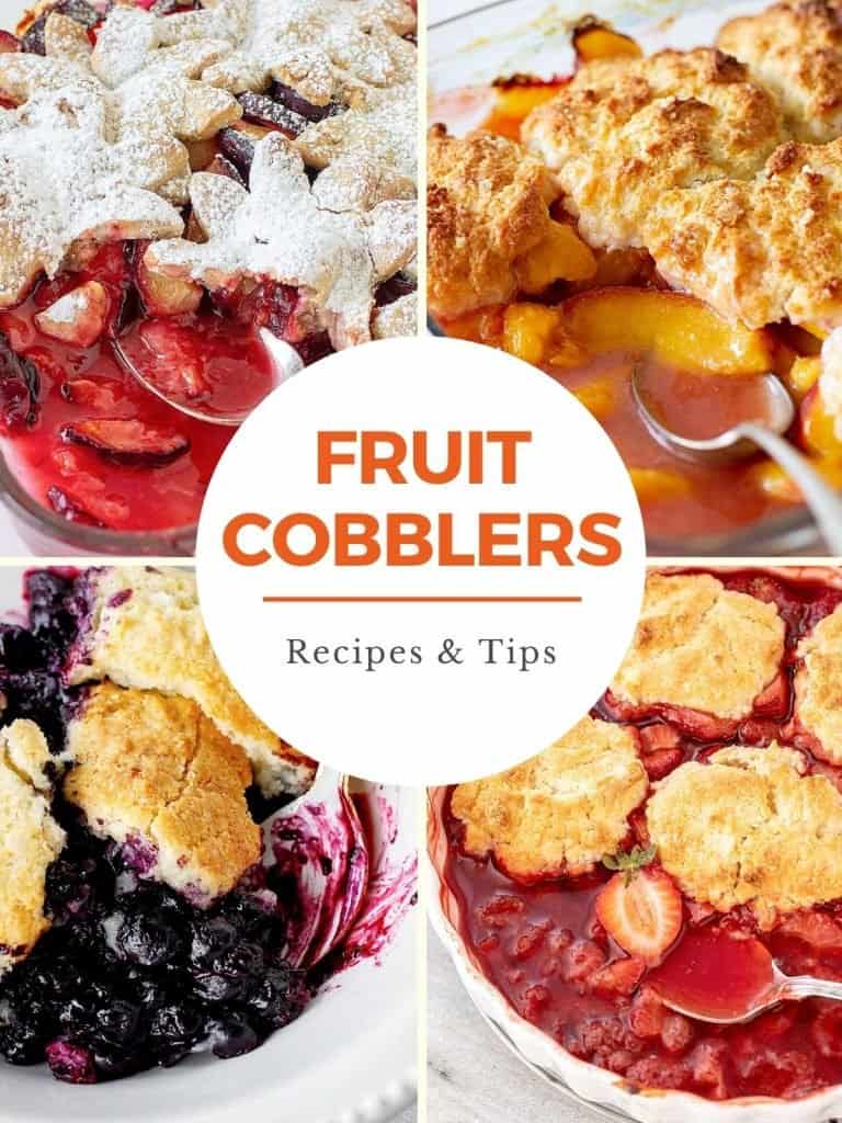 Four image collage of fruit cobblers. A white circle with orange text overlay.
