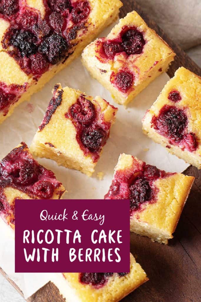 Purple and white text overlay on image of ricotta cake with berries squares.