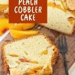 Slices of peach pound cake on wooden board with brown and white text overlay.