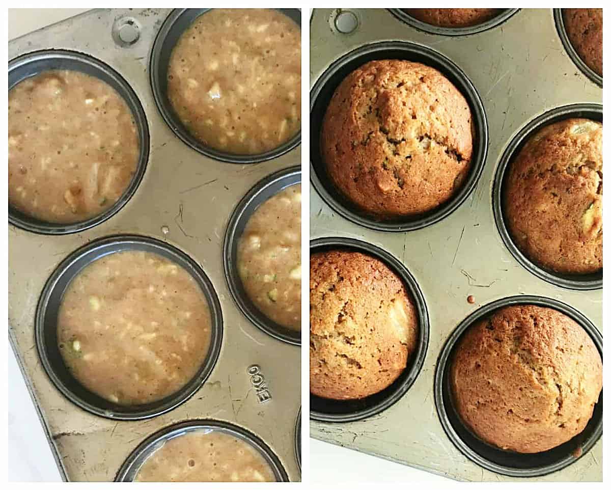 Two image collage showing unbaked and baked zucchini muffins in a metal pan. 
