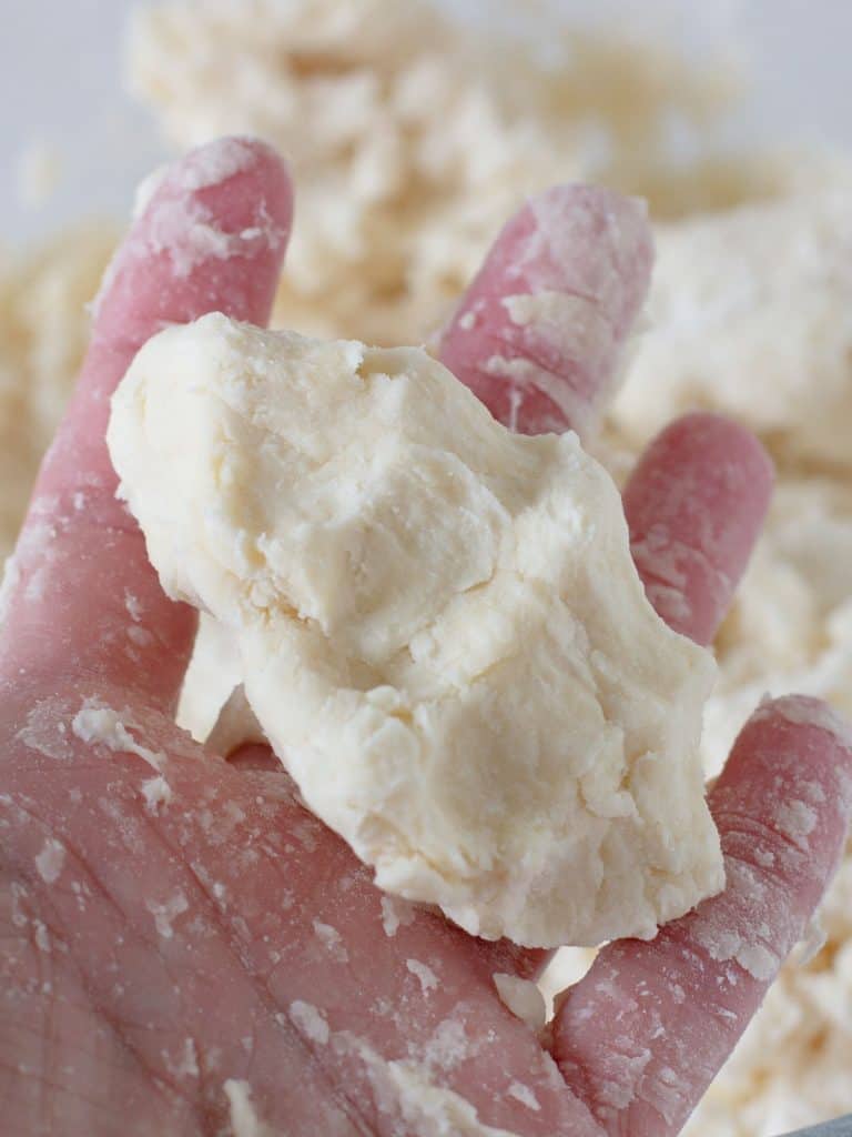 Hand holding piece of pie crust dough. Close up image.