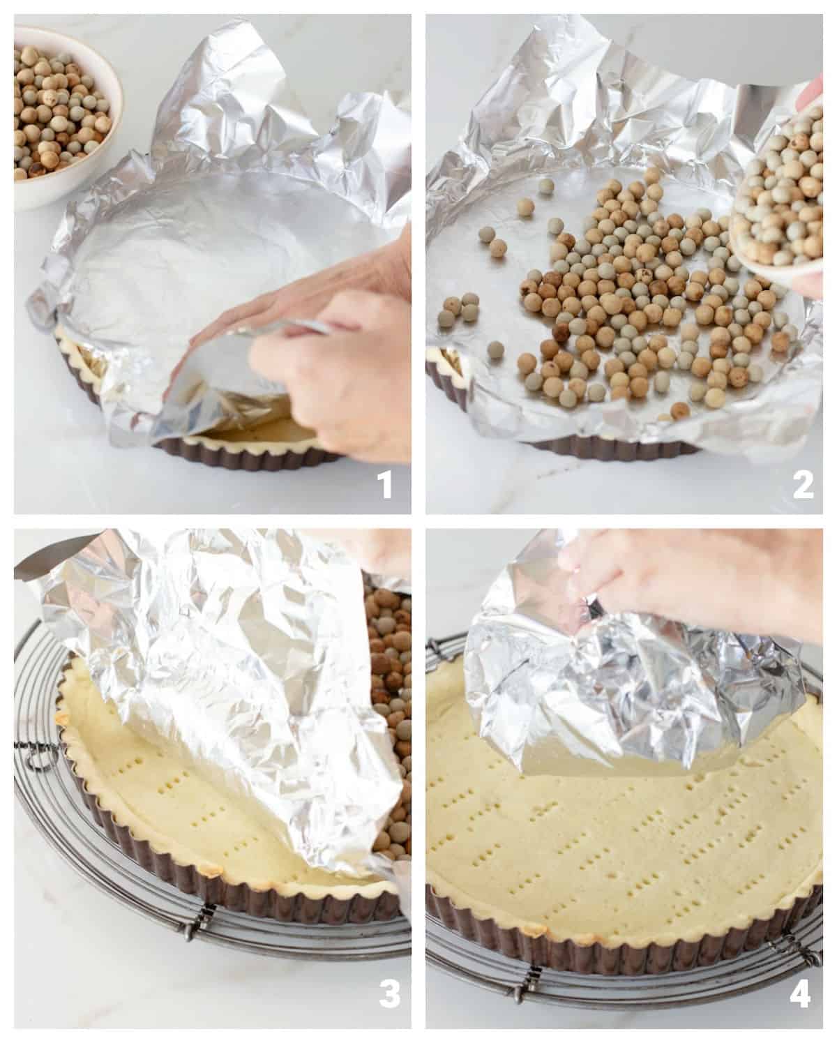 Four image collage showing step to blind bake a pie crust with aluminum foil and weight.
