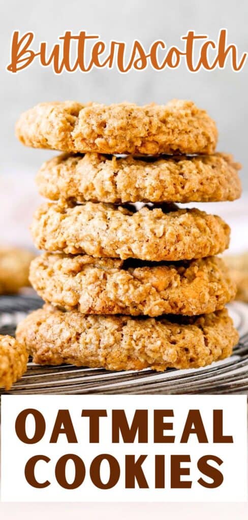 Brown and white text overlay on a stack of oatmeal cookies. Gary background.