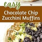 Brown, white and green text overlay on zucchini muffins, bitten and batter.