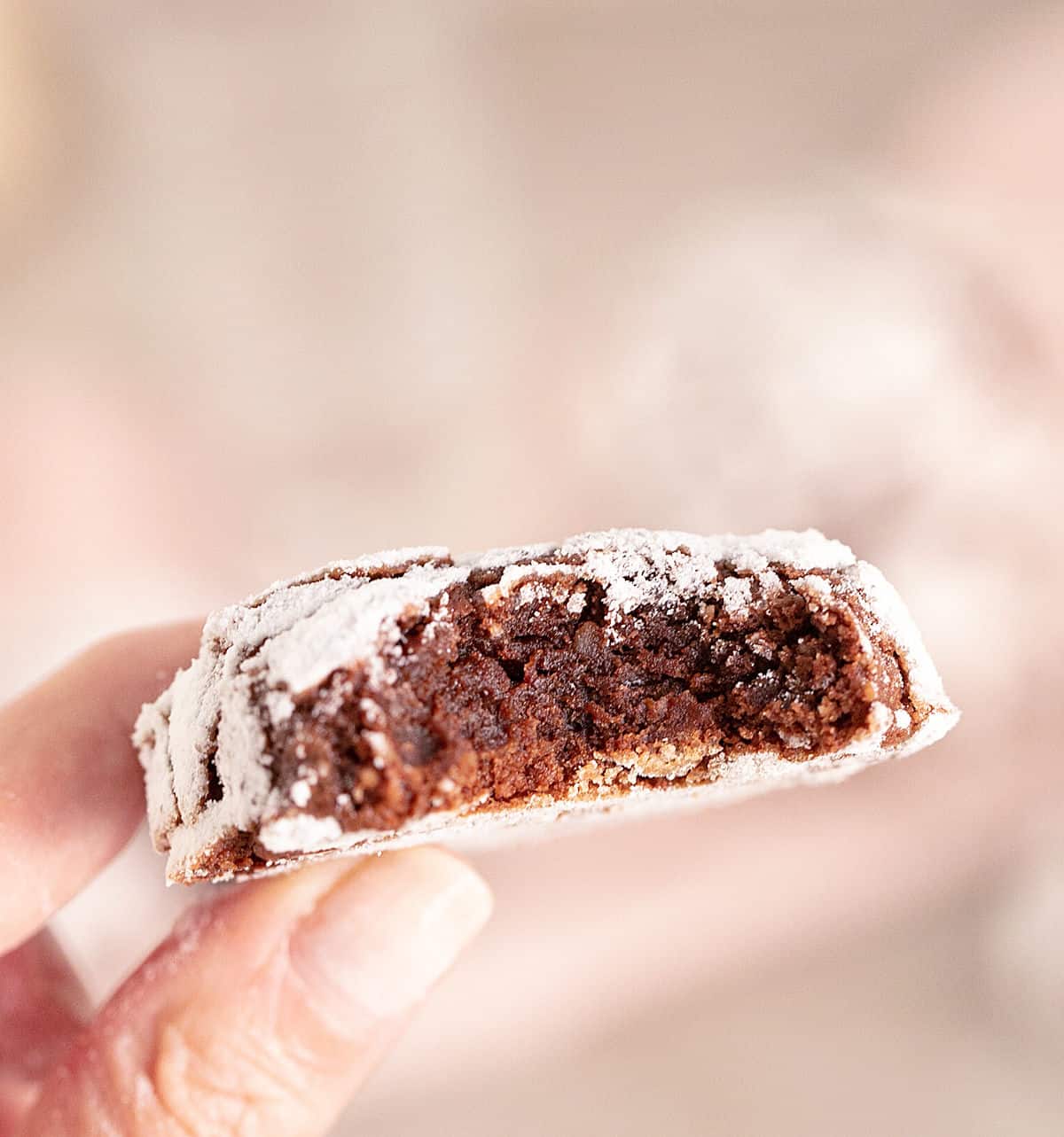 Hand holding an eaten chocolate crinkle cookie with a pink grey background. 
