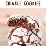Chocolate crinkle cookie stack, top one bitter, close up image. Brown and green text overlay.