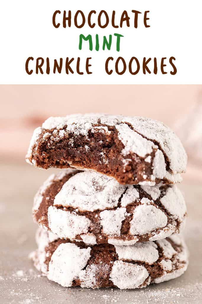 Chocolate crinkle cookie stack, top one bitter, close up image. Brown and green text overlay.