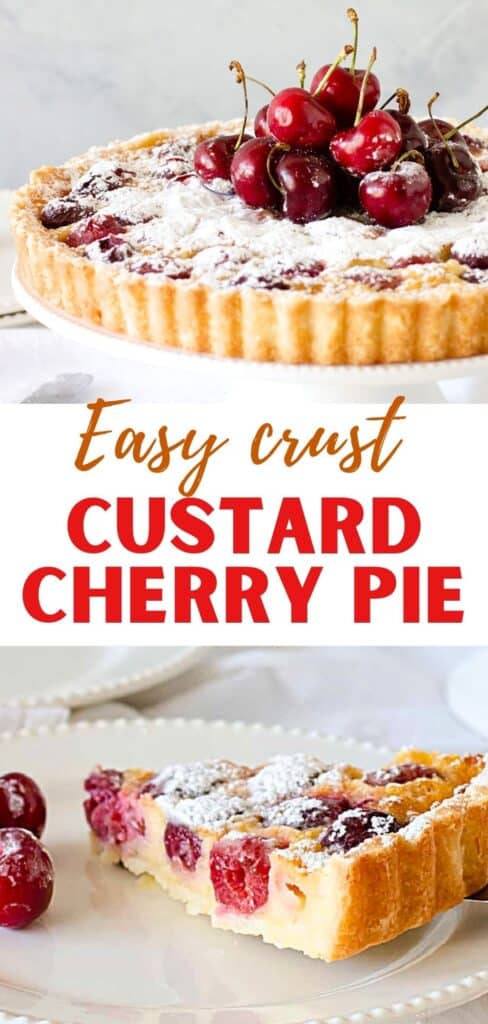 Red, brown and white text overaly on two images of whole and sliced cherry tart.