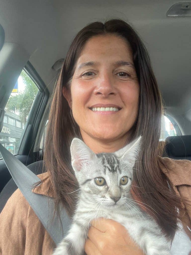 Brunette woman with small grey cat in a car.