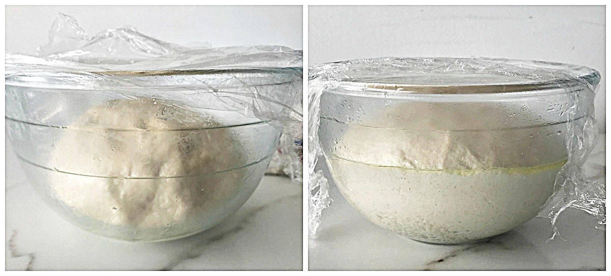 Glass bowls with before and after bread dough has doubled in size.