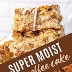 Brown text overlay on glazed squares of apple cake.