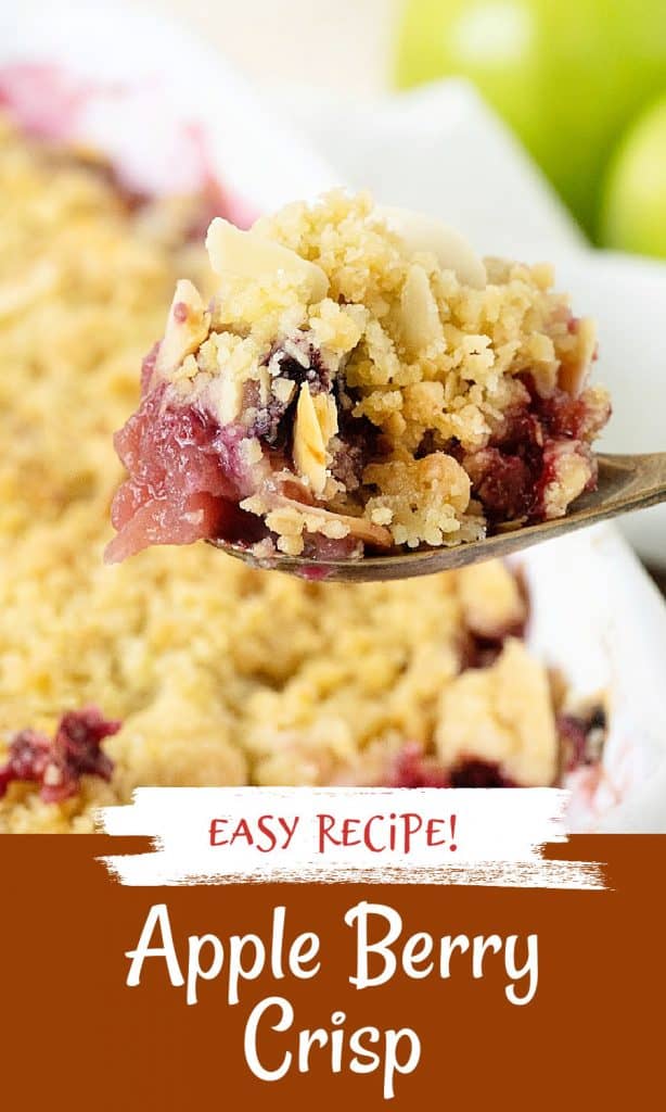White and brown text overlay on image of apple berry crisp on a spoon and in the background.