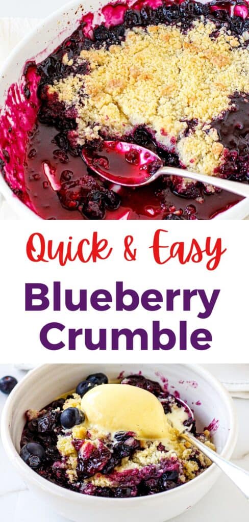 White, purple and red text overlay on two images of blueberry crumble.