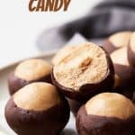 Red and brown text overlay on close up of several buckeyes on whitish plate. Top one is bitten.