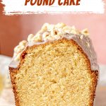 Front view of cut hazelnut pound cake on paper and a wooden board. Brown and white text overlay.