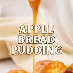 Green and white text overlay on image of caramel poured on bread pudding.
