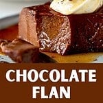 Brown and white text overlay on servings of chocolate flan with cream.