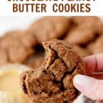Brown and red text overlay on image of hand holding a bitten chocolate cookie.