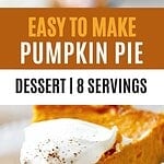 Serving of pumpkin pie on a white plate. Brown, white and orange text overlay.