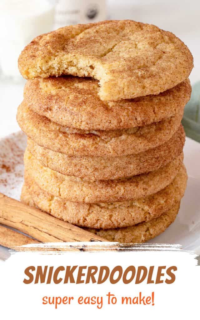 Stack of snickerdoodles, top one bitten, with brown and orange text overlay.