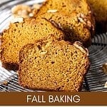 Orange, brown and white text overlay on slices and batter of pumpkin bread.