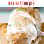 Brown, white and red text overlay on square of apple pie bars with ice cream.