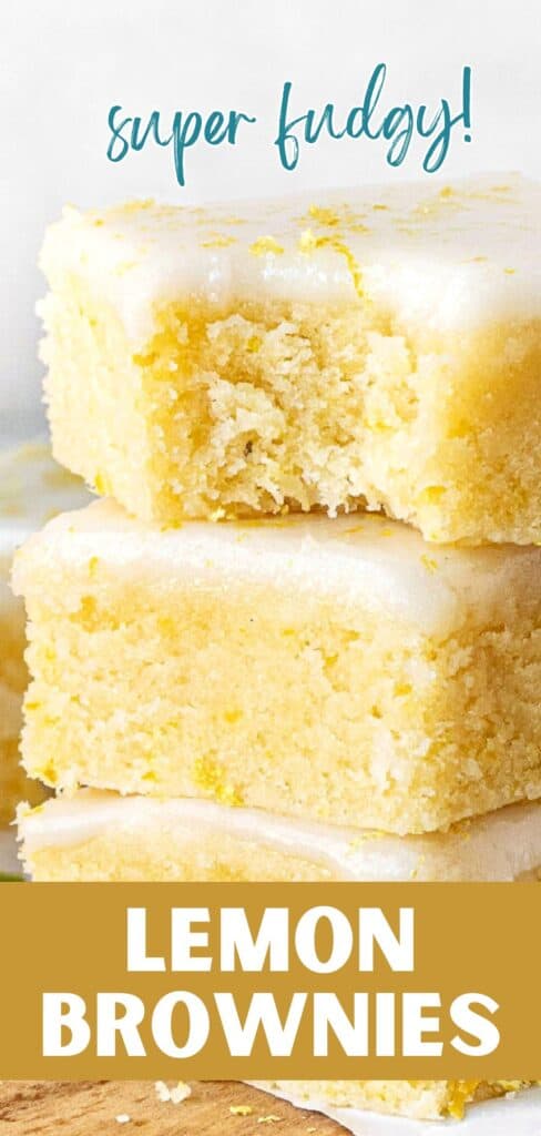 Brown, white and teal text overlay on stack of glazed lemon brownies.