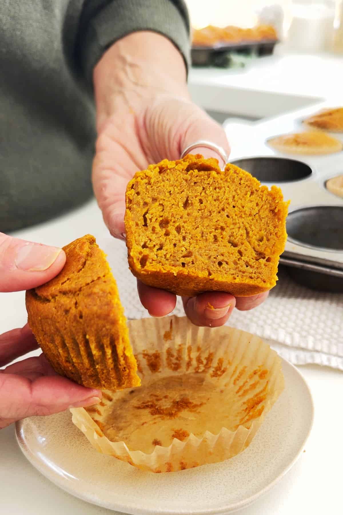 Holding a halved pumpkin muffin over white plate with paper liner. Muffin pan and green sweater background.